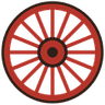 Howdy Doodles red spoked wagon wheel logo
